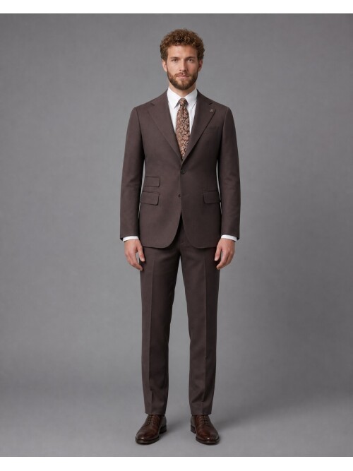Koyu Kahverengi Slim Fit Mono Yaka 2 Düğmeli Takım Elbise