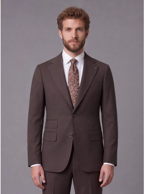 Koyu Kahverengi Slim Fit Mono Yaka 2 Düğmeli Takım Elbise