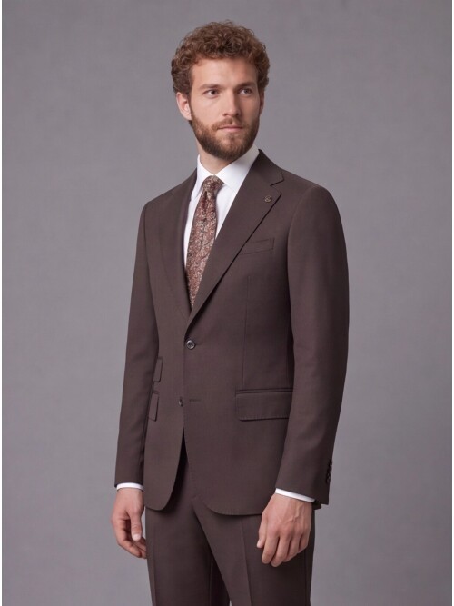 Koyu Kahverengi Slim Fit Mono Yaka 2 Düğmeli Takım Elbise