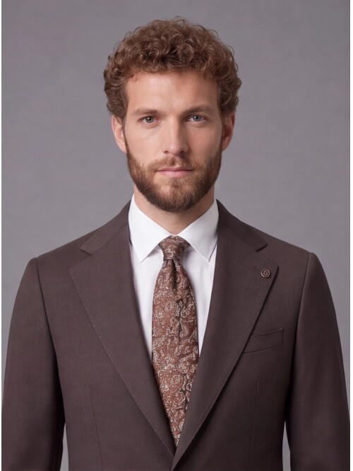 Koyu Kahverengi Slim Fit Mono Yaka 2 Düğmeli Takım Elbise