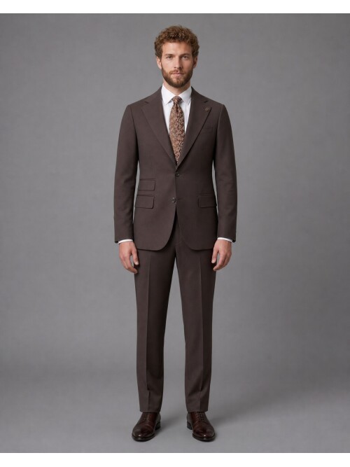 Koyu Kahverengi Slim Fit Mono Yaka 2 Düğmeli Takım Elbise