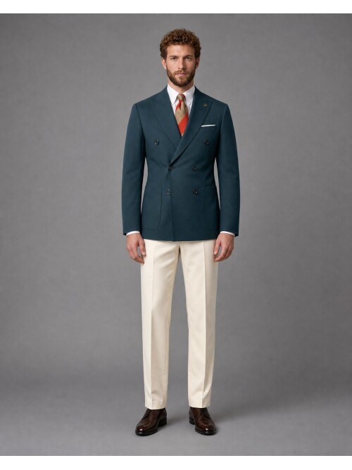Koyu Yeşil Kruvaze Ceket Bej Pantolon Kombinli Slim Fit Takım Elbise