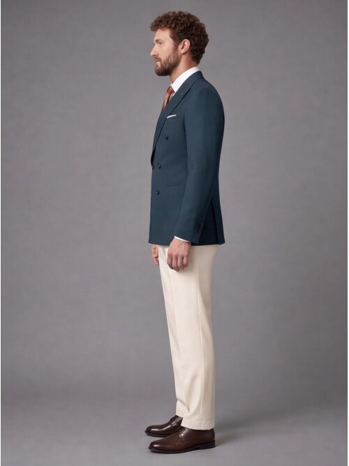 Dark Green Double-Breasted Jacket Beige Trousers Combined Slim Fit Suit