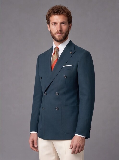 Dark Green Double-Breasted Jacket Beige Trousers Combined Slim Fit Suit