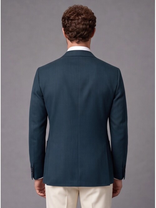 Dark Green Double-Breasted Jacket Beige Trousers Combined Slim Fit Suit