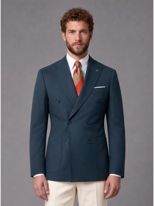Dark Green Double-Breasted Jacket Beige Trousers Combined Slim Fit Suit