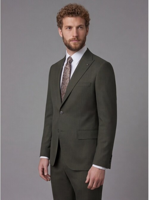 Dark Green Peak Lapel Comfort Fit Mens Suit