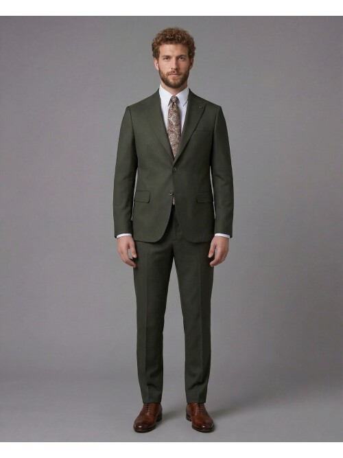 Dark Green Peak Lapel Comfort Fit Mens Suit