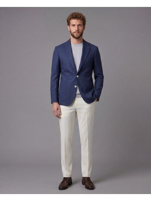 Lacivert Ceket Beyaz Pantolon Kombinli Slim Fit Takım Elbise