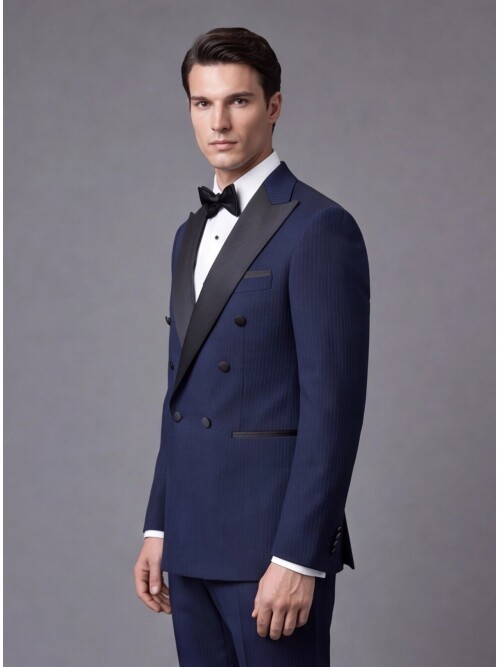 Lacivert Çizgili Slim Fit Kruvaze Damatlık