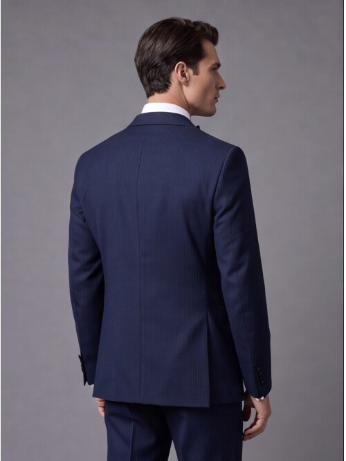 Lacivert Çizgili Slim Fit Kruvaze Damatlık