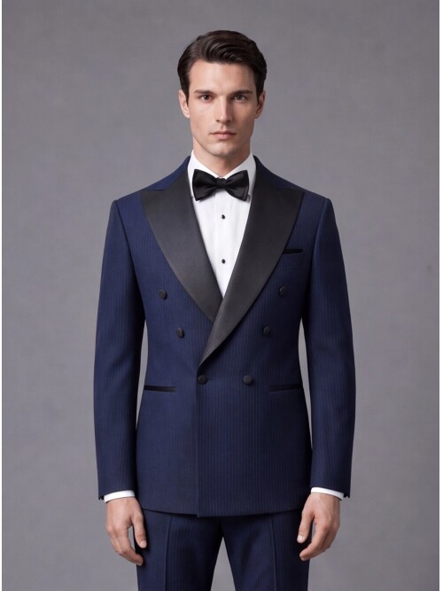 Lacivert Çizgili Slim Fit Kruvaze Damatlık