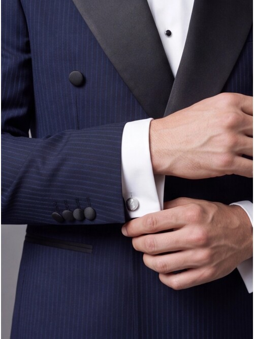 Lacivert Çizgili Slim Fit Kruvaze Damatlık