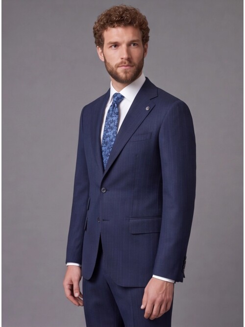 Lacivert Çizgili Slim Fit Mono Yaka 2 Düğmeli Takım Elbise