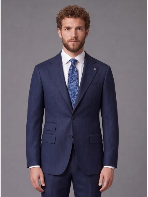 Lacivert Çizgili Slim Fit Mono Yaka 2 Düğmeli Takım Elbise