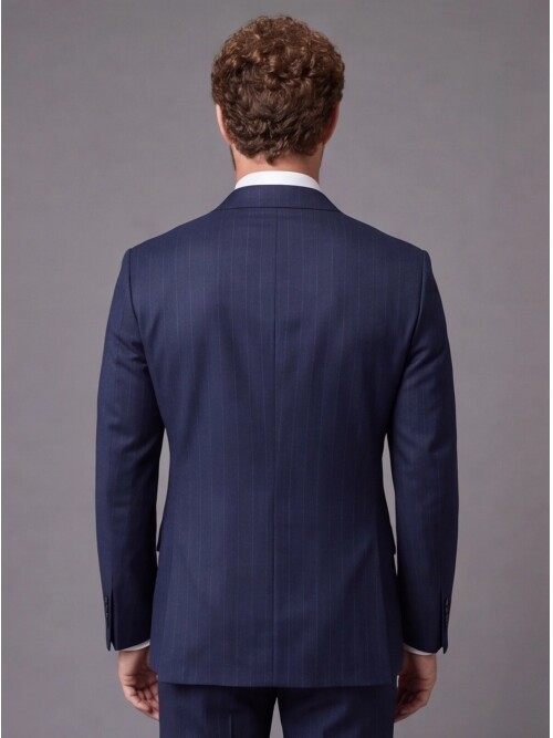 Lacivert Çizgili Slim Fit Mono Yaka 2 Düğmeli Takım Elbise