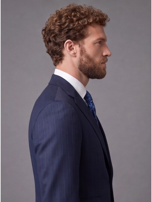 Lacivert Çizgili Slim Fit Mono Yaka 2 Düğmeli Takım Elbise