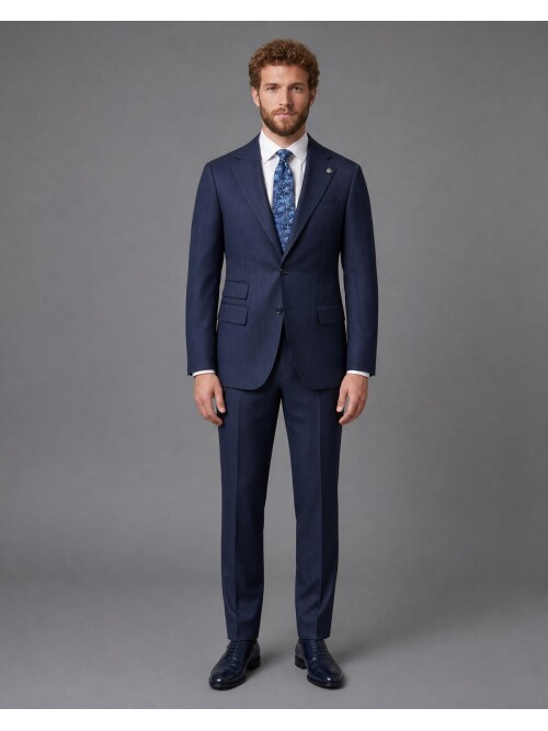 Lacivert Çizgili Slim Fit Mono Yaka 2 Düğmeli Takım Elbise