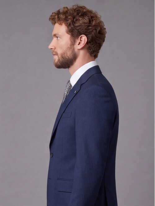 Lacivert Çizgili Slim Fit Mono Yaka 2 Düğmeli Takım Elbise