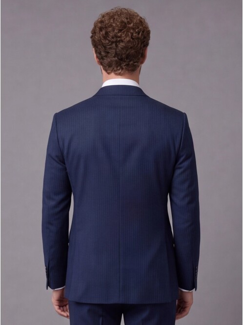Lacivert Çizgili Slim Fit Mono Yaka 2 Düğmeli Takım Elbise