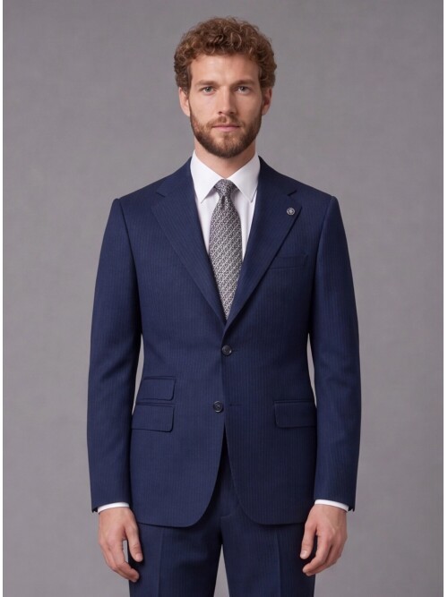 Lacivert Çizgili Slim Fit Mono Yaka 2 Düğmeli Takım Elbise