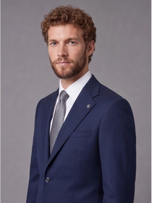 Lacivert Çizgili Slim Fit Mono Yaka 2 Düğmeli Takım Elbise