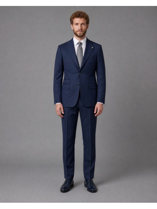 Lacivert Çizgili Slim Fit Mono Yaka 2 Düğmeli Takım Elbise