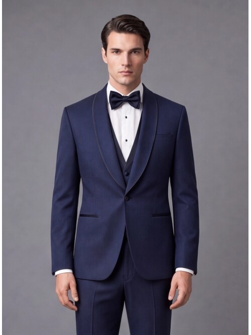 Lacivert Çizgili Slim Fit Şal Yaka Tek Düğme Damatlık
