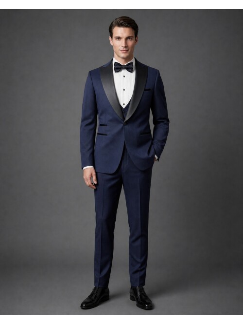 Lacivert Çizgili Slim Fit Sivri Yaka Tek Düğme Damatlık