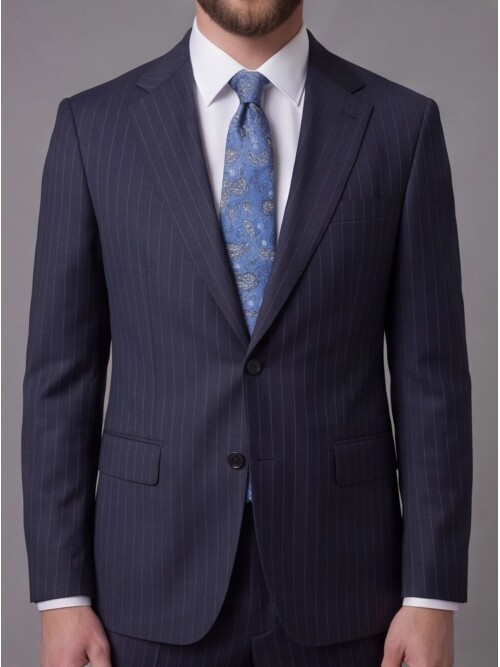 Lacivert Çizgili Yünlü Mono Yaka Comfort Fit Takım Elbise