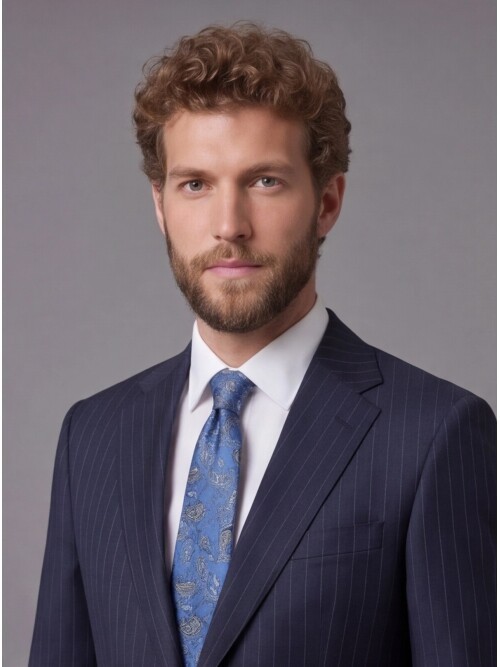 Lacivert Çizgili Yünlü Mono Yaka Comfort Fit Takım Elbise