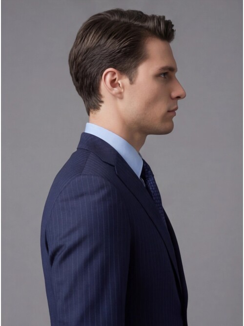 Lacivert Çizgili Yünlü Mono Yaka Regular Fit 2 Düğme Takım Elbise