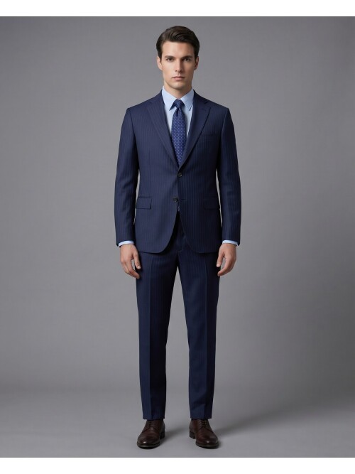 Lacivert Çizgili Yünlü Mono Yaka Regular Fit 2 Düğme Takım Elbise