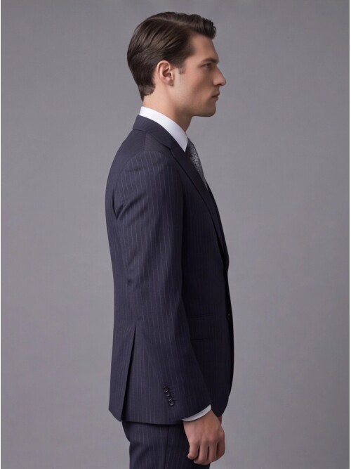 Lacivert Çizgili Yünlü Mono Yaka Regular Fit Takım Elbise