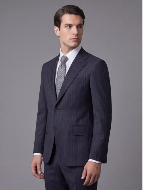Lacivert Çizgili Yünlü Mono Yaka Regular Fit Takım Elbise