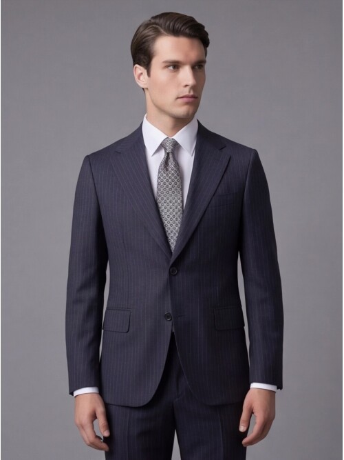 Lacivert Çizgili Yünlü Mono Yaka Regular Fit Takım Elbise