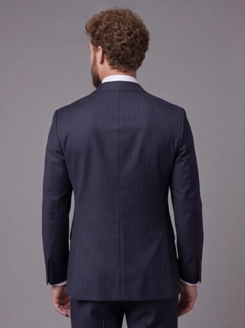 Lacivert Çizgili Yünlü Sivri Yaka Comfort Fit Takım Elbise