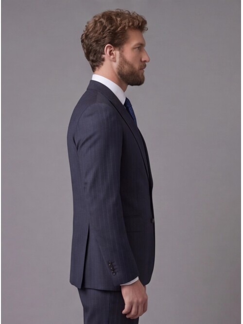 Lacivert Çizgili Yünlü Sivri Yaka Comfort Fit Takım Elbise