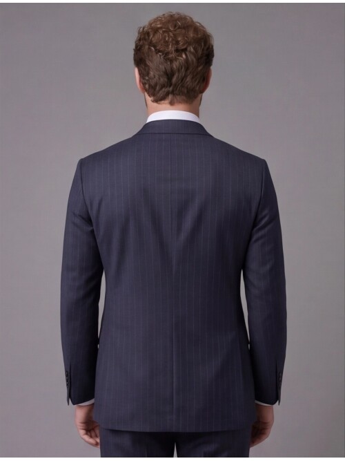 Lacivert Çizgili Yünlü Sivri Yaka Comfort Fit Takım Elbise