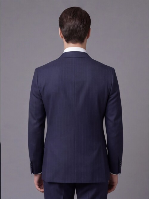 Navy Pinstripe Wool Peak Lapel Comfort Fit Suit