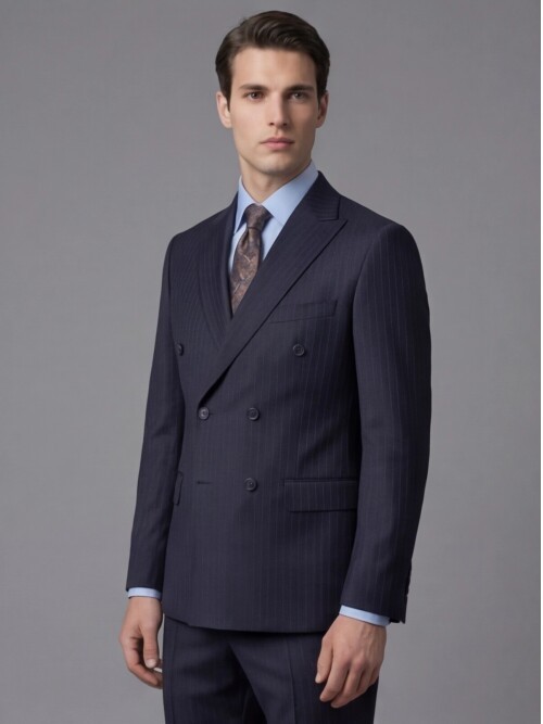 Lacivert Çizgili Yünlü Sivri Yaka Kruvaze Regular Fit 6 Düğme Takım Elbise