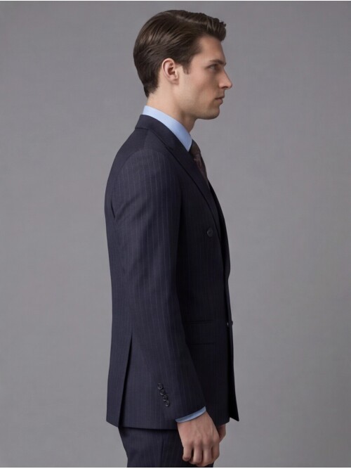 Lacivert Çizgili Yünlü Sivri Yaka Kruvaze Regular Fit 6 Düğme Takım Elbise