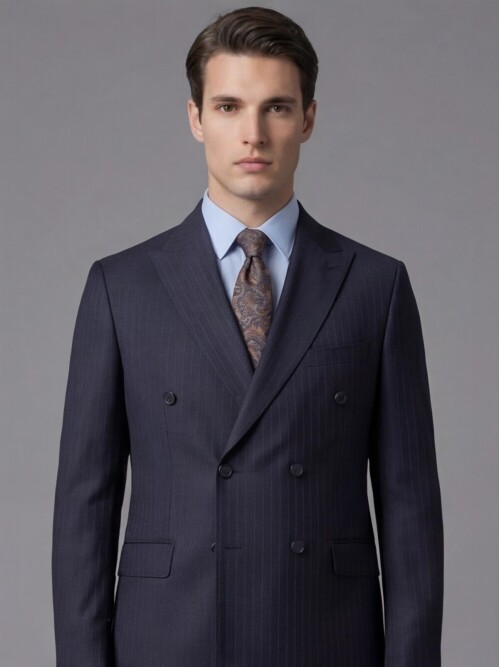 Lacivert Çizgili Yünlü Sivri Yaka Kruvaze Regular Fit 6 Düğme Takım Elbise