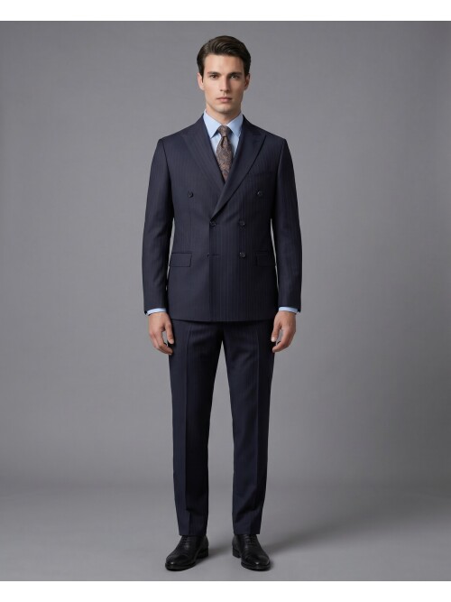Lacivert Çizgili Yünlü Sivri Yaka Kruvaze Regular Fit 6 Düğme Takım Elbise