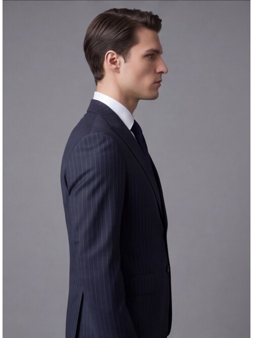 Lacivert Çizgili Yünlü Sivri Yaka Regular Fit Takım Elbise