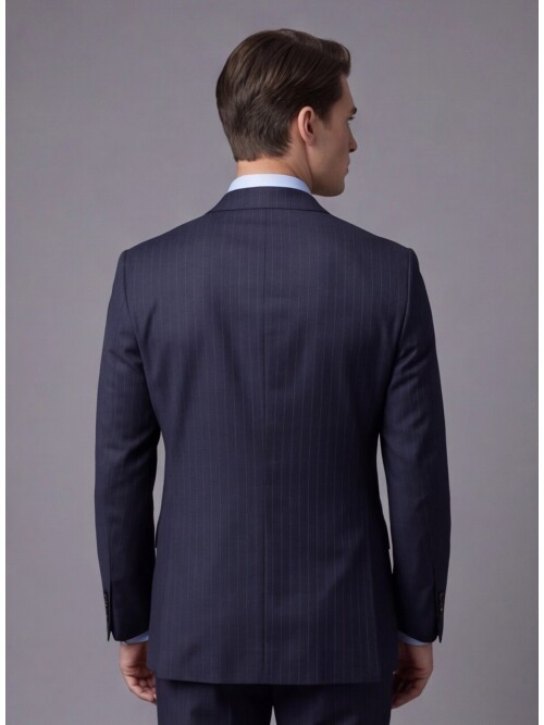 Lacivert Çizgili Yünlü Sivri Yaka Regular Fit Takım Elbise