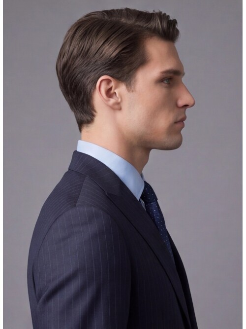 Lacivert Çizgili Yünlü Sivri Yaka Regular Fit Takım Elbise