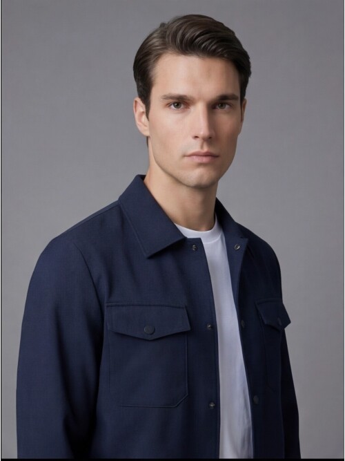 Navy Blue Comfort Fit Shirt Collar Safari Pocket Sporty Suit