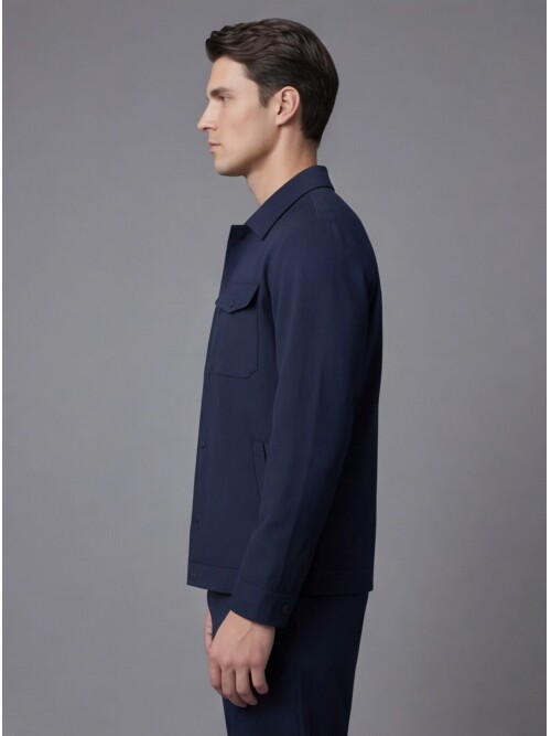 Navy Blue Comfort Fit Shirt Collar Safari Pocket Sporty Suit