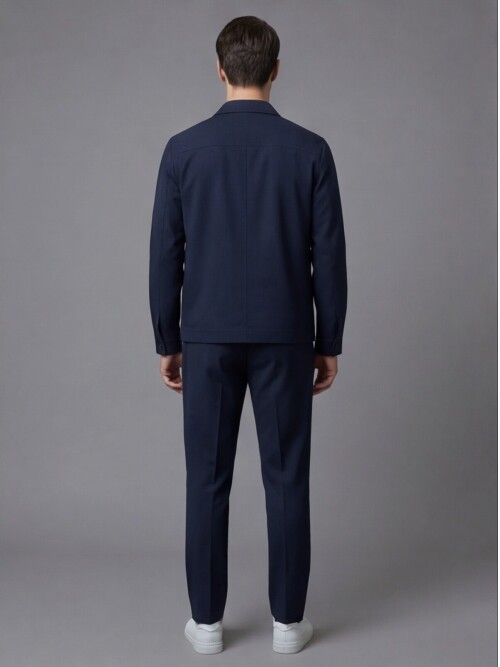 Navy Blue Comfort Fit Shirt Collar Safari Pocket Sporty Suit